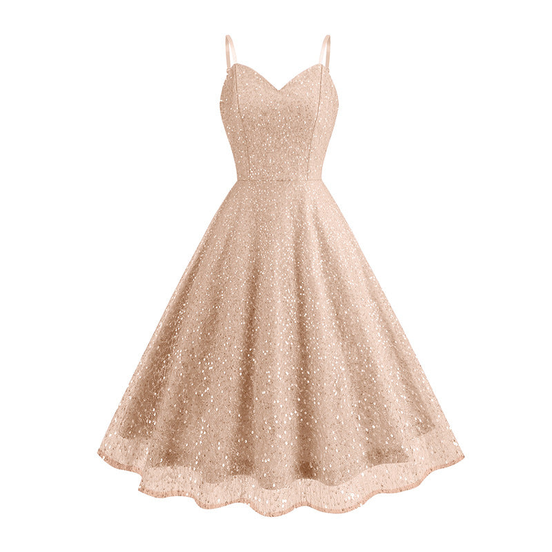 1950S Glittering Pink Sequin Spaghetti Strap Sweetheart Neckline Vintage Swing Dress