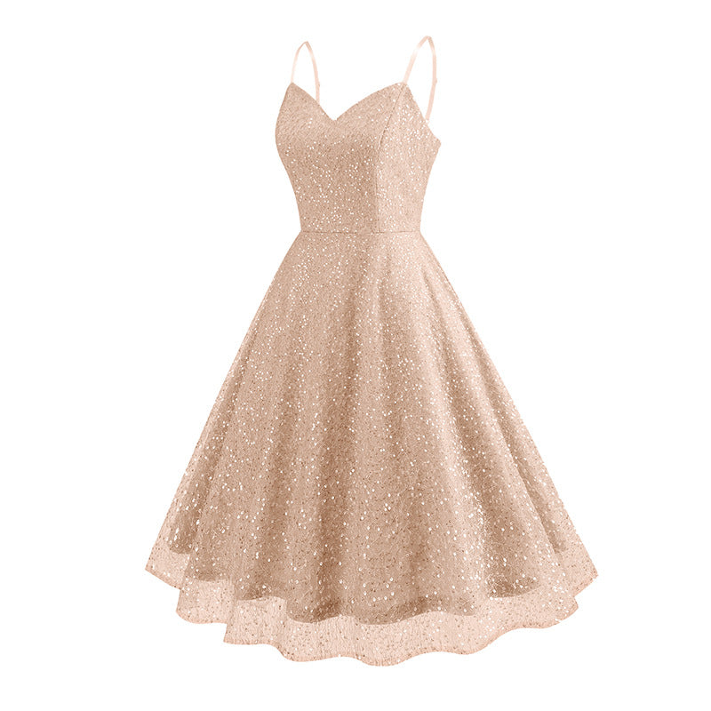 1950S Glittering Pink Sequin Spaghetti Strap Sweetheart Neckline Vintage Swing Dress
