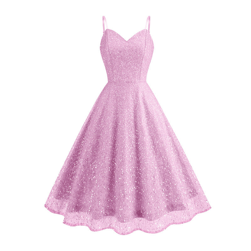 1950S Glittering Pink Sequin Spaghetti Strap Sweetheart Neckline Vintage Swing Dress