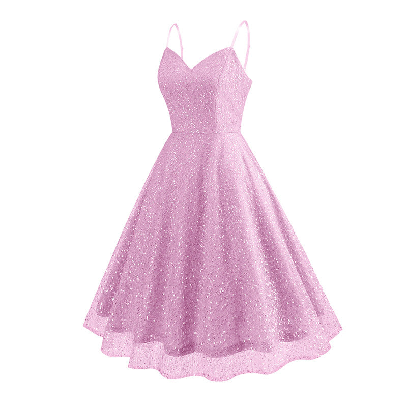 1950S Glittering Pink Sequin Spaghetti Strap Sweetheart Neckline Vintage Swing Dress