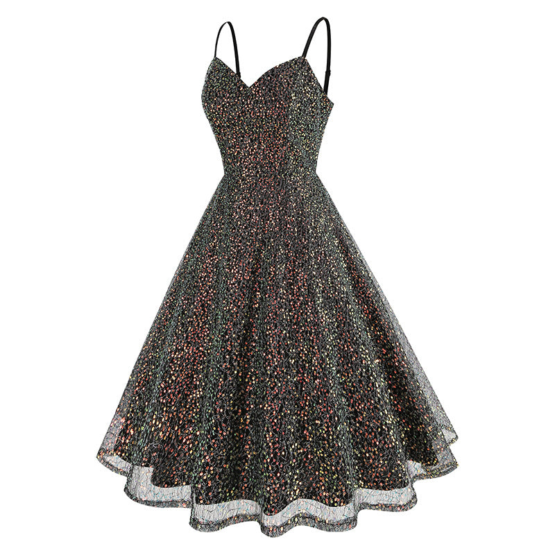 1950S Glittering Pink Sequin Spaghetti Strap Sweetheart Neckline Vintage Swing Dress