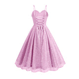 1950S Glittering Pink Sequin Spaghetti Strap Sweetheart Neckline Vintage Swing Dress