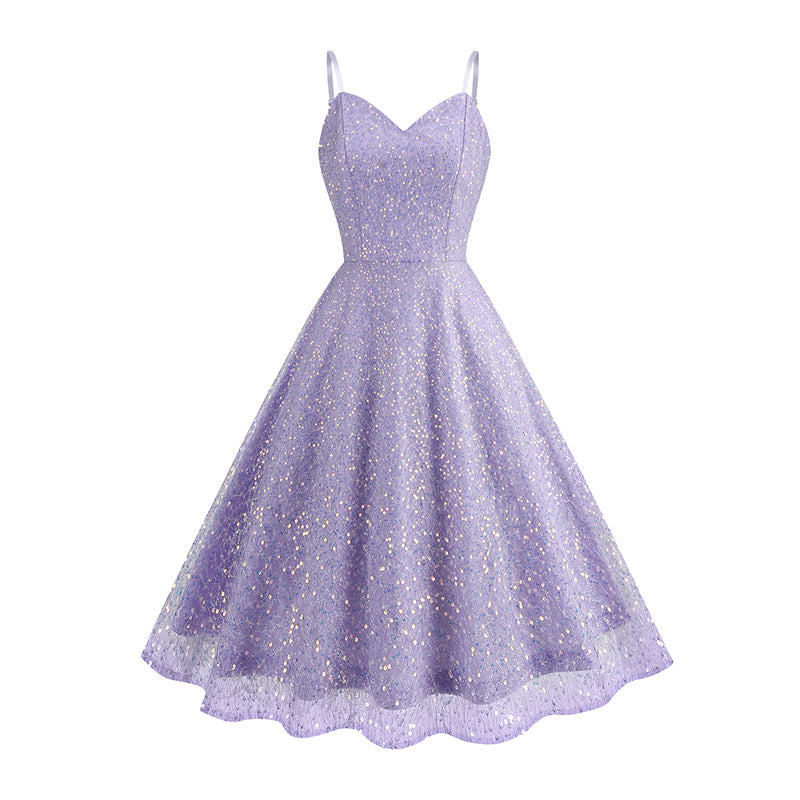 1950S Glittering Pink Sequin Spaghetti Strap Sweetheart Neckline Vintage Swing Dress