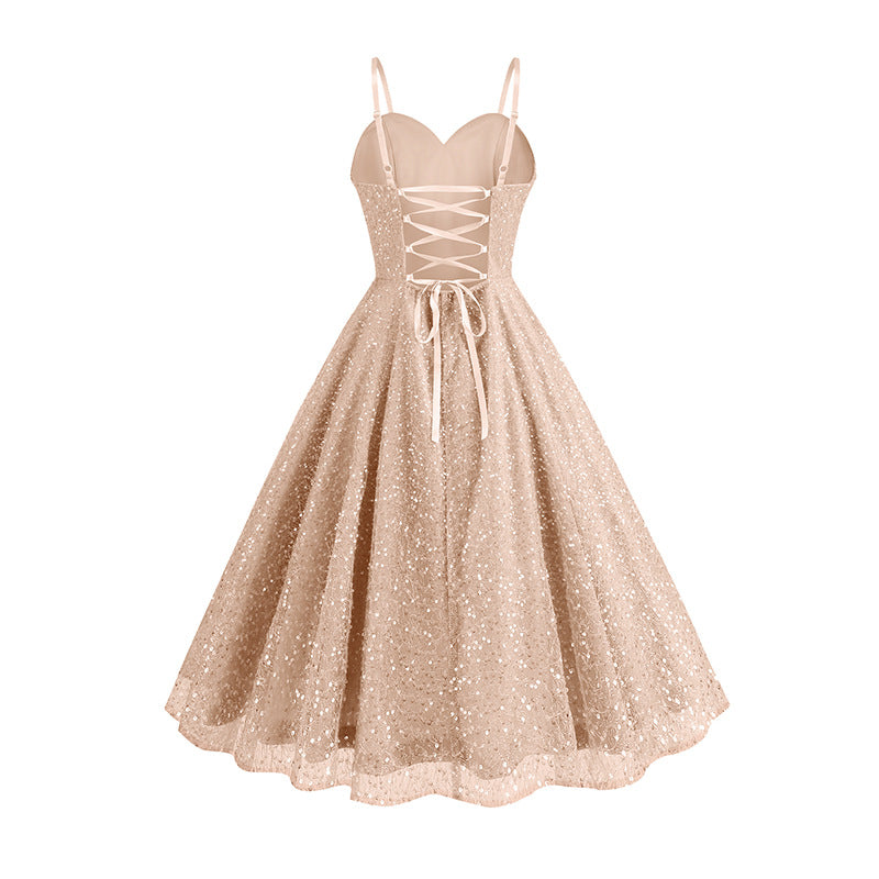 1950S Glittering Pink Sequin Spaghetti Strap Sweetheart Neckline Vintage Swing Dress