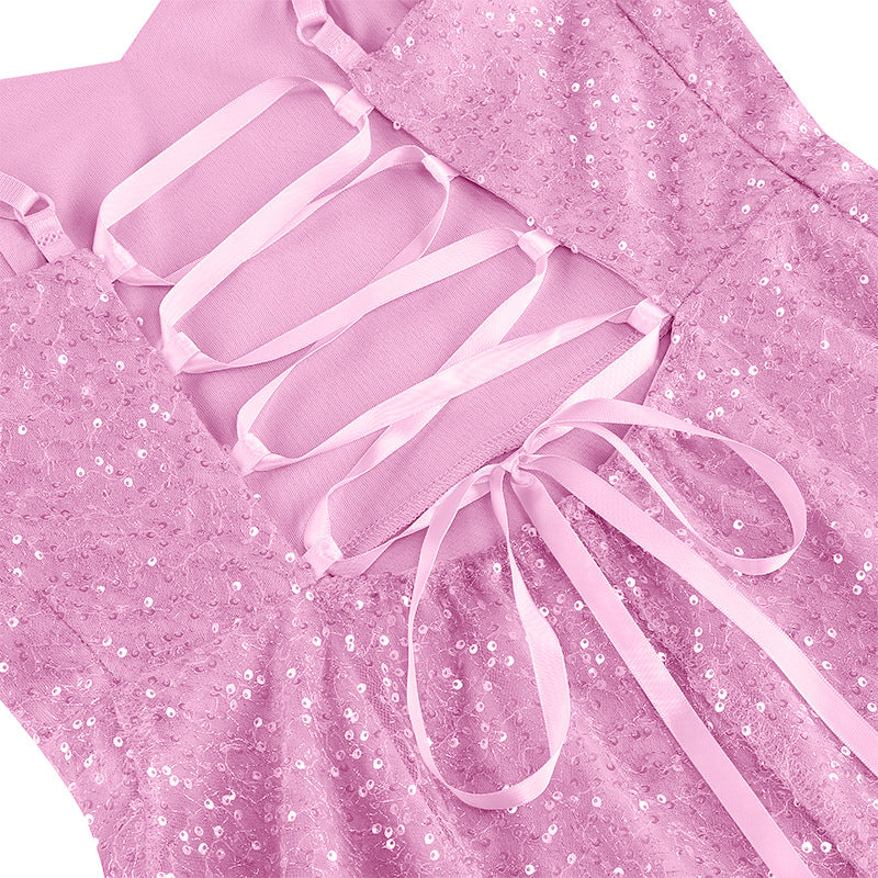 1950S Glittering Pink Sequin Spaghetti Strap Sweetheart Neckline Vintage Swing Dress