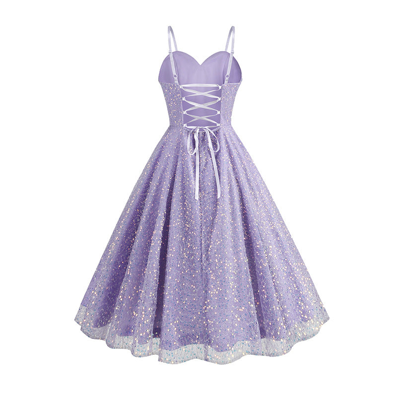 1950S Glittering Pink Sequin Spaghetti Strap Sweetheart Neckline Vintage Swing Dress