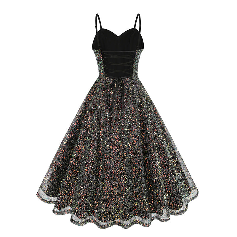 1950S Glittering Pink Sequin Spaghetti Strap Sweetheart Neckline Vintage Swing Dress