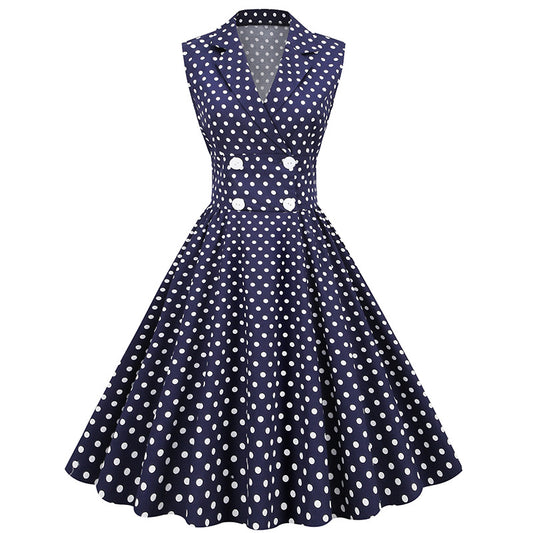 1950S Lapel Sleeveless Double breasted Polka Dot Cut Vintage Dress