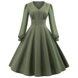 1950S Olive Green Long Sleeve V-Neck Buttoned Vintage Swing Dress