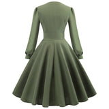 1950S Olive Green Long Sleeve V-Neck Buttoned Vintage Swing Dress