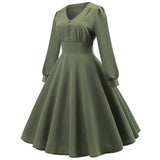 1950S Olive Green Long Sleeve V-Neck Buttoned Vintage Swing Dress