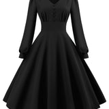 1950S Olive Green Long Sleeve V-Neck Buttoned Vintage Swing Dress