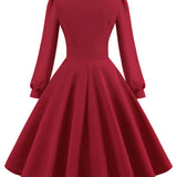 1950S Olive Green Long Sleeve V-Neck Buttoned Vintage Swing Dress