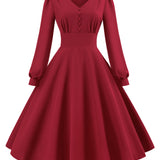 1950S Olive Green Long Sleeve V-Neck Buttoned Vintage Swing Dress