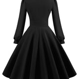 1950S Olive Green Long Sleeve V-Neck Buttoned Vintage Swing Dress