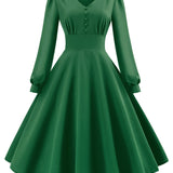 1950S Olive Green Long Sleeve V-Neck Buttoned Vintage Swing Dress
