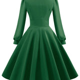 1950S Olive Green Long Sleeve V-Neck Buttoned Vintage Swing Dress