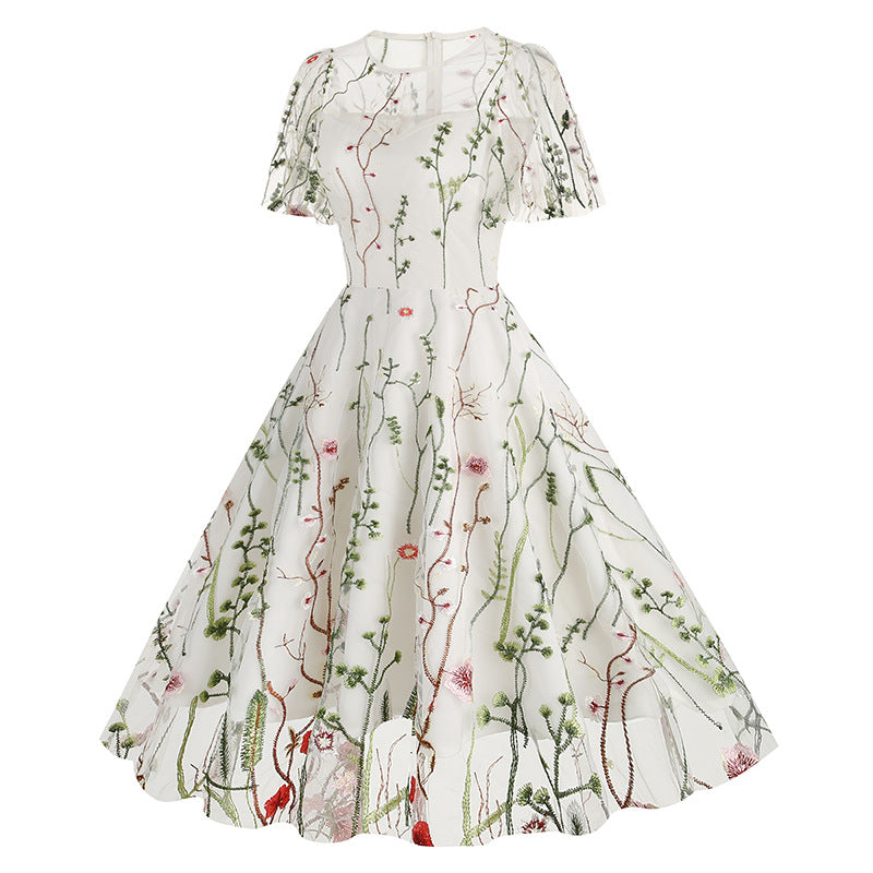 1950S Red Floral Round Neck Short Sleeve Embroidered Vintage Dress