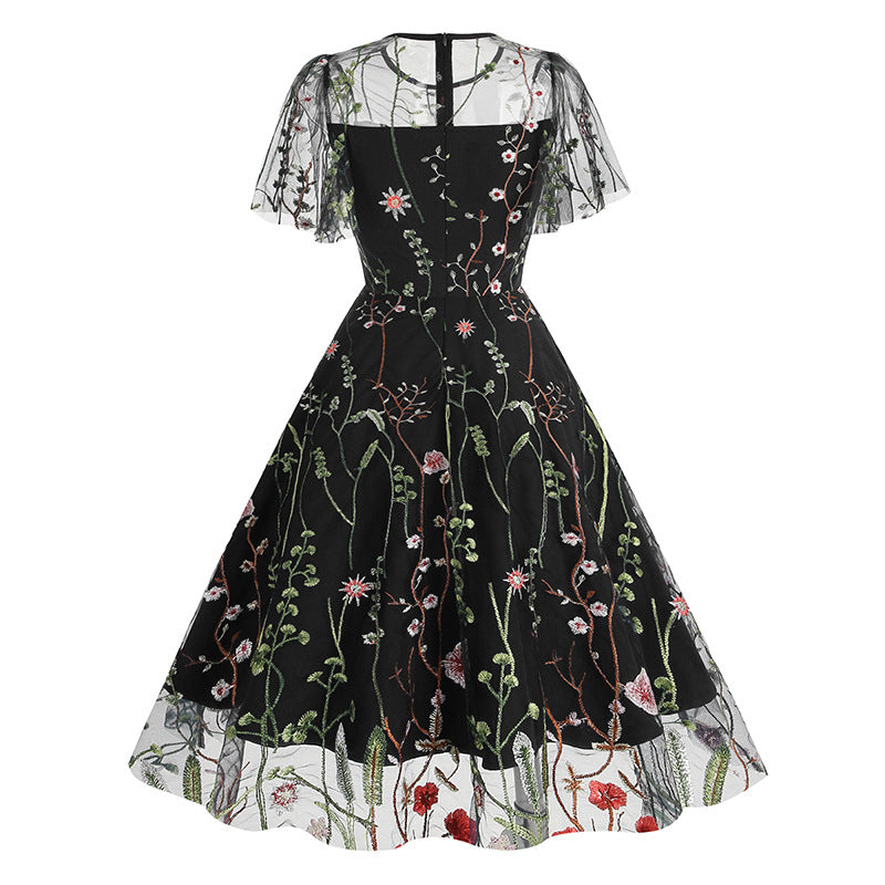 1950S Red Floral Round Neck Short Sleeve Embroidered Vintage Dress
