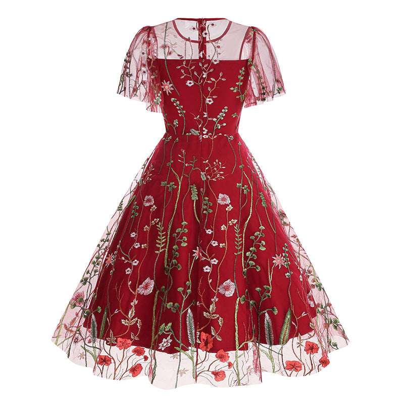 1950S Red Floral Round Neck Short Sleeve Embroidered Vintage Dress