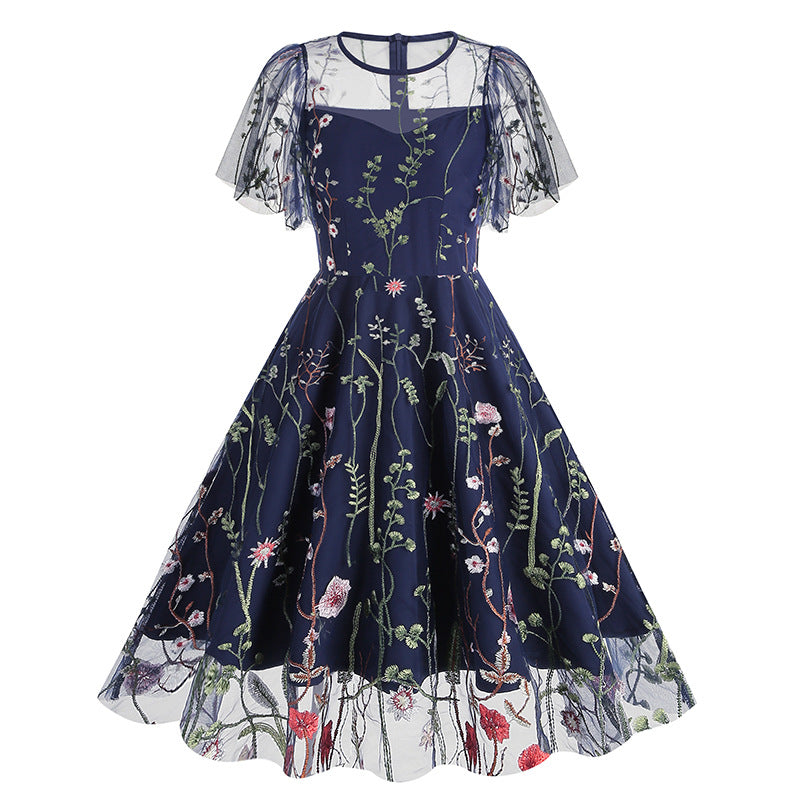 1950S Red Floral Round Neck Short Sleeve Embroidered Vintage Dress