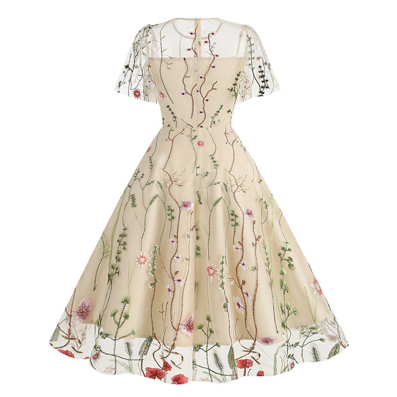 1950S Red Floral Round Neck Short Sleeve Embroidered Vintage Dress