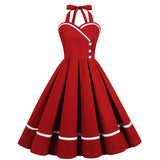 1950S Red Halter Neck Swing Vintage Dress with white trim