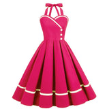 1950S Red Halter Neck Swing Vintage Dress with white trim