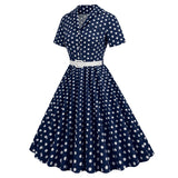 1950S Navy Blue Retro Polka Dot Patchwork Belted Short Sleeve Vintage Dress