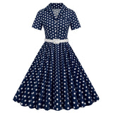 1950S Navy Blue Retro Polka Dot Patchwork Belted Short Sleeve Vintage Dress