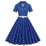 1950S Royal Blue Retro Polka Dot Patchwork Belted Short Sleeve Vintage Dress