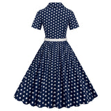 1950S Navy Blue Retro Polka Dot Patchwork Belted Short Sleeve Vintage Dress
