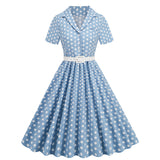 1950S Retro Polka Dot Patchwork Belted Short Sleeve Vintage Dress