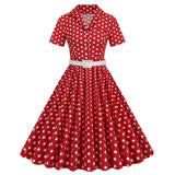 1950S Red Retro Polka Dot Patchwork Belted Short Sleeve Vintage Dress