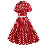1950S Red Retro Polka Dot Patchwork Belted Short Sleeve Vintage Dress
