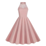 1950S Pink Halter Neck Lace Trim Vintage Swing Dress