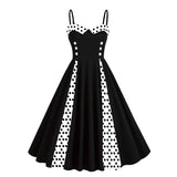 1950S Retro Red and Black Polka Dot Panel Spaghetti Strap Vintage Swing Dress