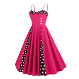 1950S Retro Red and Black Polka Dot Panel Spaghetti Strap Vintage Swing Dress