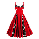 1950S Retro Red and Black Polka Dot Panel Spaghetti Strap Vintage Swing Dress