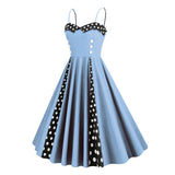 1950S Retro Red and Black Polka Dot Panel Spaghetti Strap Vintage Swing Dress