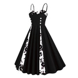 1950S Retro Red and Black Polka Dot Panel Spaghetti Strap Vintage Swing Dress