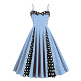 1950S Retro Red and Black Polka Dot Panel Spaghetti Strap Vintage Swing Dress