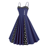 1950S Retro Red and Black Polka Dot Panel Spaghetti Strap Vintage Swing Dress