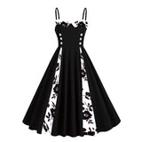 1950S Retro Red and Black Polka Dot Panel Spaghetti Strap Vintage Swing Dress