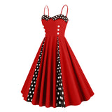 1950S Retro Red and Black Polka Dot Panel Spaghetti Strap Vintage Swing Dress