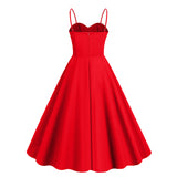 1950S Retro Red and Black Polka Dot Panel Spaghetti Strap Vintage Swing Dress