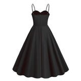 1950S Retro Red and Black Polka Dot Panel Spaghetti Strap Vintage Swing Dress