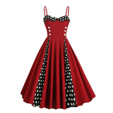1950S Retro Red and Black Polka Dot Panel Spaghetti Strap Vintage Swing Dress