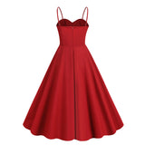 1950S Retro Red and Black Polka Dot Panel Spaghetti Strap Vintage Swing Dress