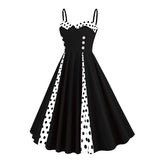 1950S Retro Red and Black Polka Dot Panel Spaghetti Strap Vintage Swing Dress
